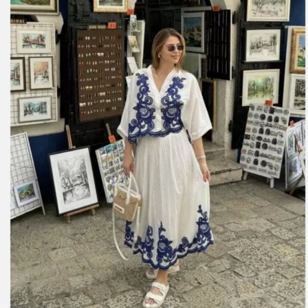Zara embroidered midi skirt blue white